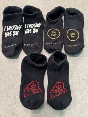 Pure Barre 250 club  Black Low-Cut Socks Trio with White, Gold, and Red Accents